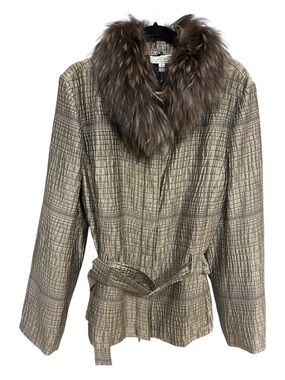 NWT St John Sport Sheen Taupe Textured Spring Coat w Raccoon Fur Collar XL (L)